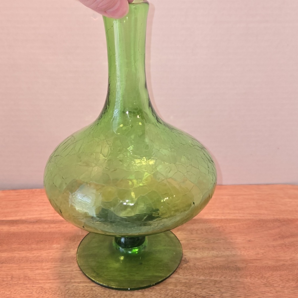 Vintage Green Crackle Glass Decanter Vase MCM Pedestal Blown Glass 11" Retro - Picture 8 of 8
